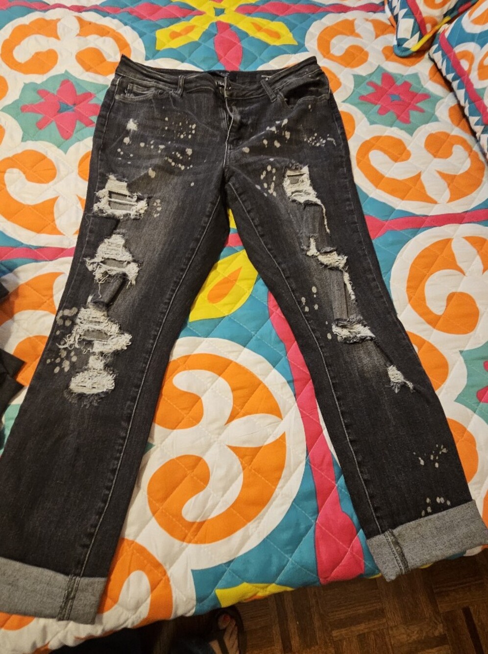 Judy Blue Distressed Black Boyfriend Jeans with Bleach Splatter